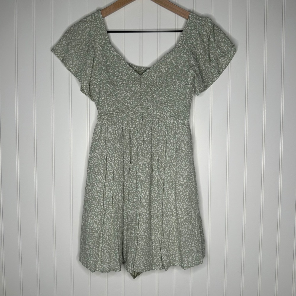Hollister Womens Romper S Sage Green Floral Smocked Mini Dress Flutter Sleeve
